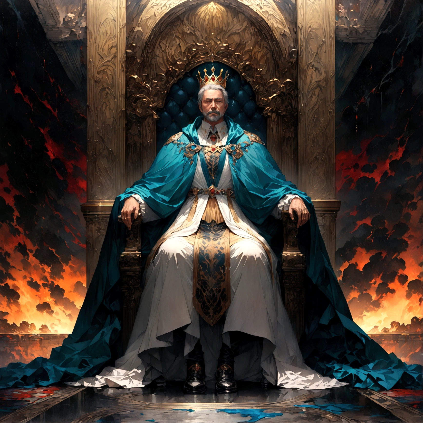 Throne room scenery,oil painting style,king sitting on the throne,Subjects prostrating,Subject's clothing details,There is a distance between the king's throne and his subjects.,BREAK,(The king is a middle-aged man,A king with absolute power who looks down on his subjects,He wears clothes and a cloak befitting a king.,the king wears a crown,He is a king with a cruel personality.,anatomically correct),BREAK,A painting depicting an era in history,paint with oil paint,structurally correct,create an artistic background,decadent,dark fantasy,awe,feeling of pressure,(masterpiece:1.3),(highest quality:1.4),(ultra detailed:1.5),High resolution,extremely detailed,unity 8k wallpaper