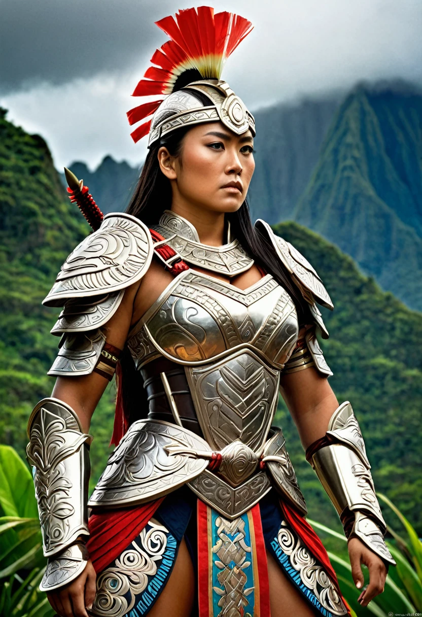 Manono's Powerful Presence: Depict Manono standing tall and proud, her posture exuding strength, confidence and determination. Emphasize her muscular physique and imposing stature to convey her formidable warrior abilities.
Intricate Armor and Weaponry: Outfit Manono in ornate, detailed armor that reflects her high status and skill. Her sword, shield or other weapons should be elaborately decorated with symbols, patterns or engravings that showcase her craftsmanship and heritage.

Dramatic Environmental Setting: Place Manono against a backdrop that heightens the drama and intensity of the scene, such as a stormy sky with ominous clouds, a rugged mountainous terrain, or a battlefield strewn with the remnants of past conflicts.

Subtle Emotional Expression: Rather than an overtly fierce expression, consider depicting Manono with a more contemplative or pensive look, as if she is reflecting on her past battles or strategizing for the next. This adds depth and complexity to her character.

Unique Cultural Influences: Incorporate visual elements that tie Manono to her cultural roots, such as traditional Polynesian or Hawaiian motifs in her armor, weaponry or surroundings. This helps establish her as a distinct, one-of-a-kind warrior figure.

By combining these elements - Manono's powerful presence, intricate armor and weaponry, dramatic environmental setting, subtle emotional expression, and unique cultural influences - you can create a visually striking and memorable image that truly captures the essence of this legendary female warrior.