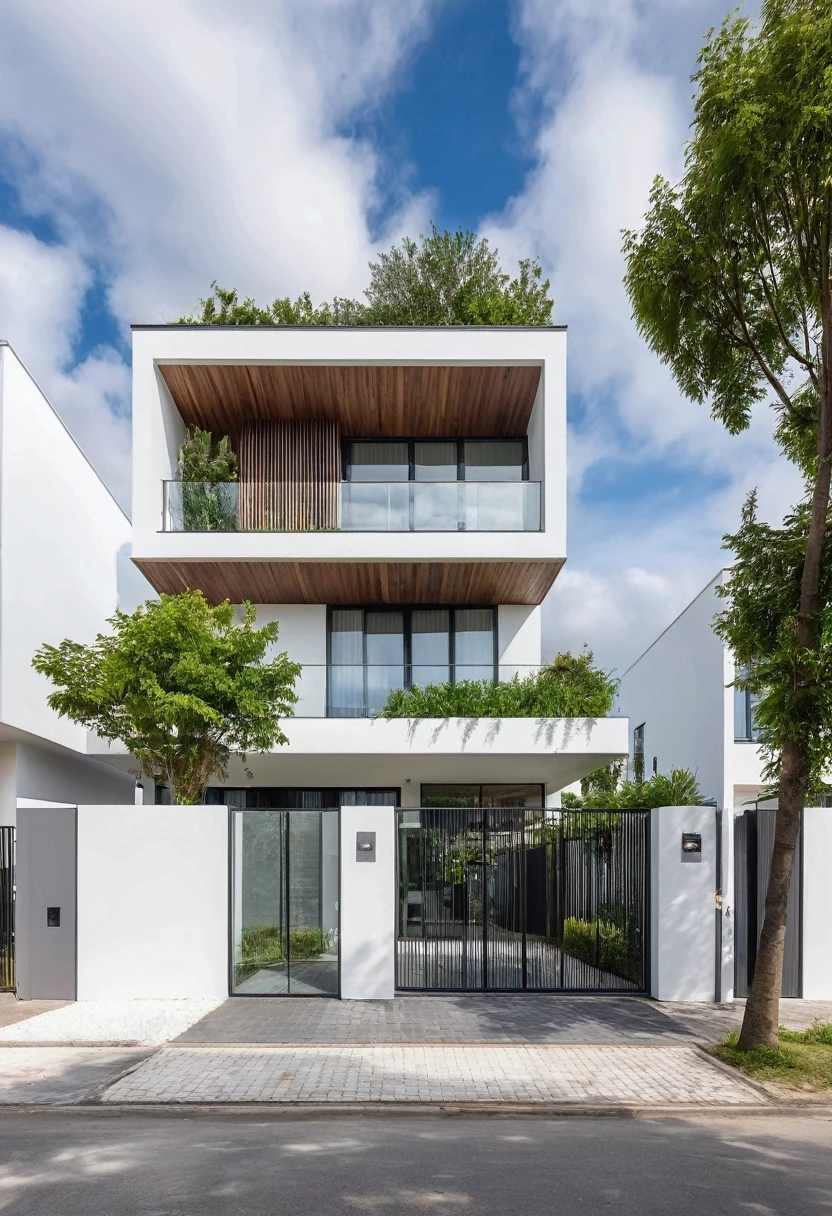 Raw photo,Masterpiece, high quality, best quality, authentic, super detail,
outdoors, house style modern,bietthuhn, white wall, glass windows, gate
road,pavement, grass, trees, sky, cloud, (day:1.1),