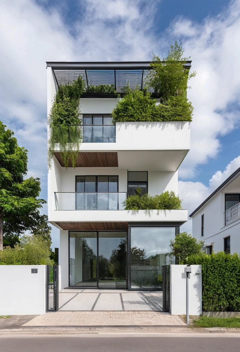 Raw photo,Masterpiece, high quality, best quality, authentic, super detail,
outdoors, house style modern,bietthuhn, white wall, glass windows, gate
road,pavement, grass, trees, sky, cloud, (day:1.1),
