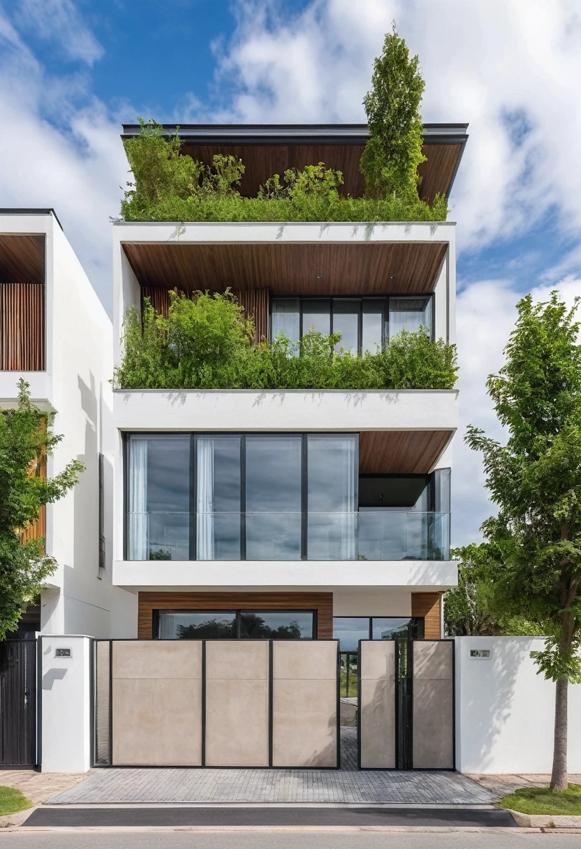 Raw photo,Masterpiece, high quality, best quality, authentic, super detail,
outdoors, house style modern,bietthuhn, white wall, glass windows, gate
road,pavement, grass, trees, sky, cloud, (day:1.1),