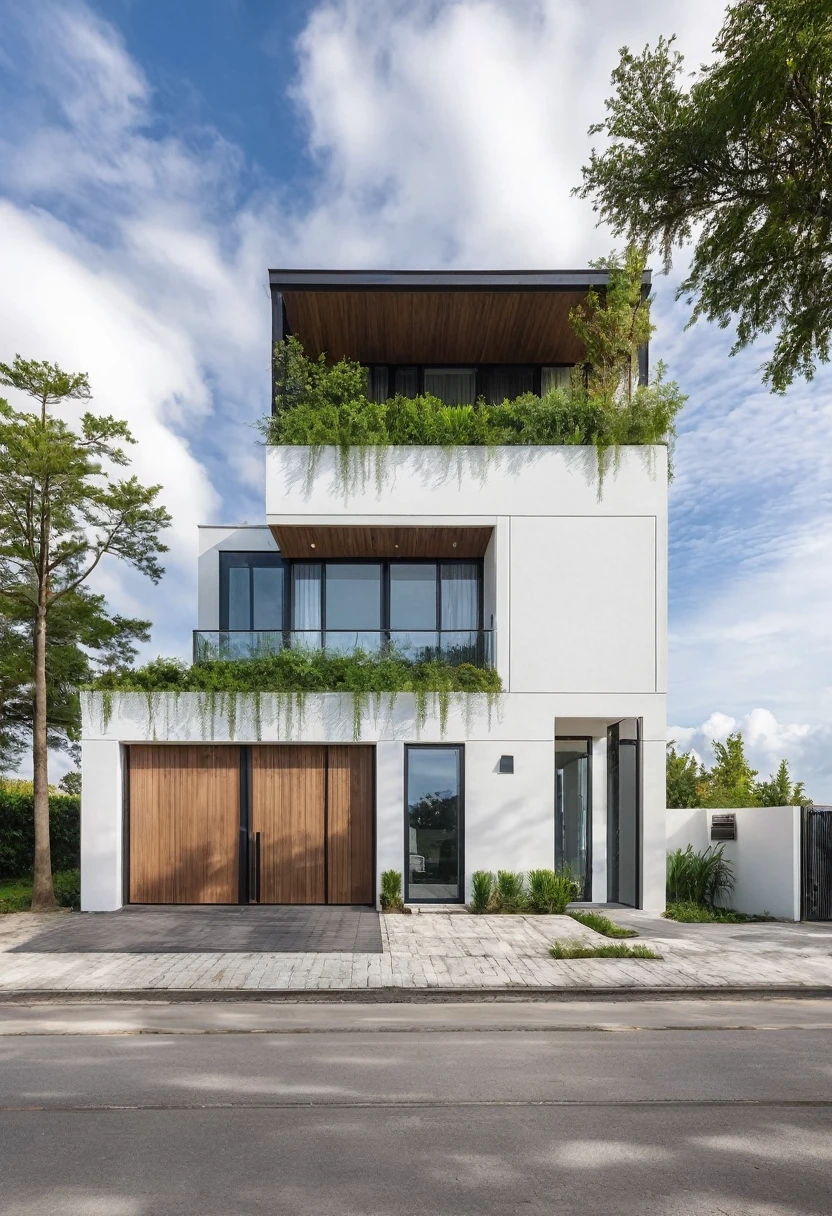 Raw photo,Masterpiece, high quality, best quality, authentic, super detail,
outdoors, house style modern,bietthuhn, white wall, glass windows, gate
road,pavement, grass, trees, sky, cloud, (day:1.1),