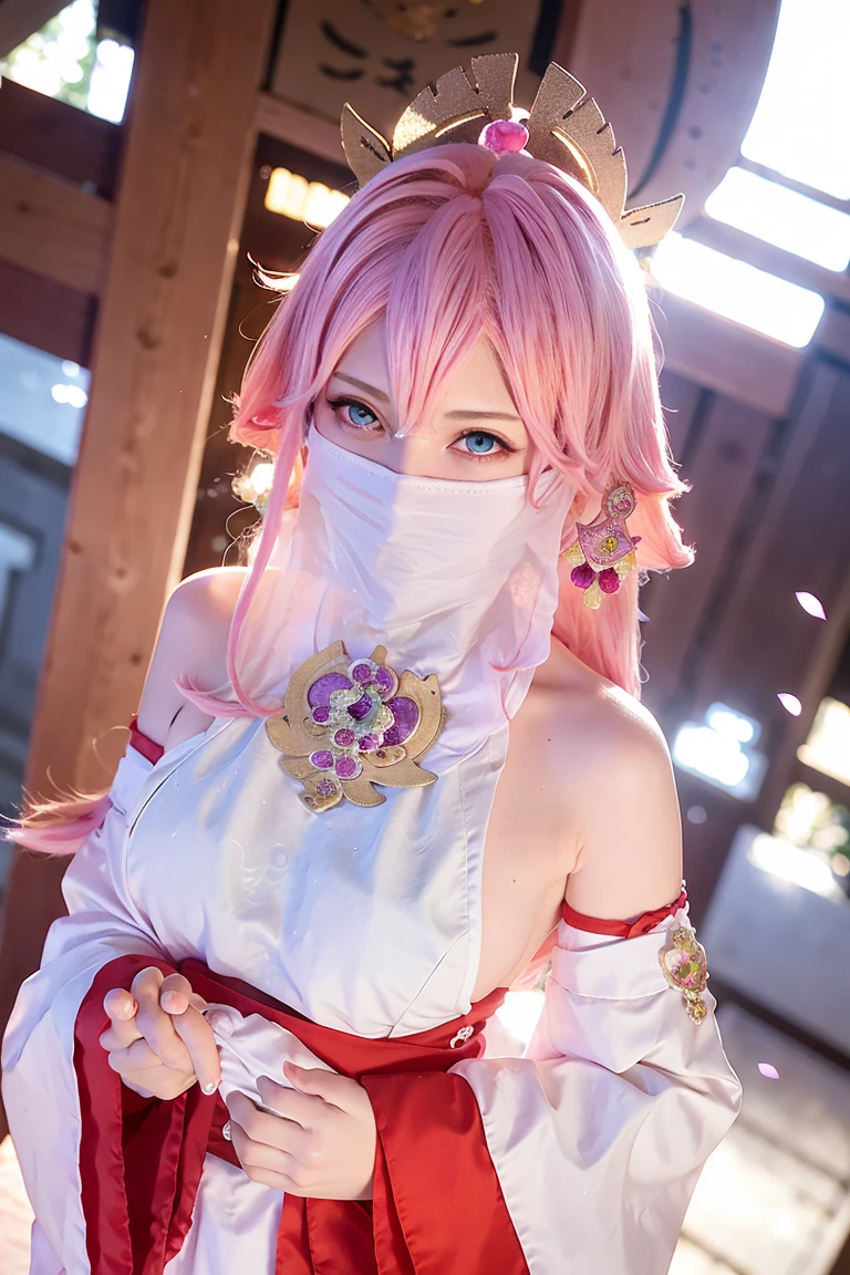 (Extreme Detail CG Unity 8K wallpaper, masterpiece, highest quality), Extremely cute, (Realistic:1.6), RAW photo from above, (ulzzang-6500-v1.1:0.4) 1girl, kpop idol, yae miko, detached sleeves, pink hair, long hair, best quality, (photorealistic:1.2), (hair ornament:1.35), jewelry, wearing face veil, (white face veil, silk mask veil:1.2), purple eyes, earrings, (large round breasts, big breasts: 1.2), torii, cherry blossoms, lantern light, depth of field, detailed face, face focus, (looking at viewer:1.25), shiny skin, long sleeves, game cg, thighhighs, east asian architecture, blurry background, full body, arms behind back, hands behind,