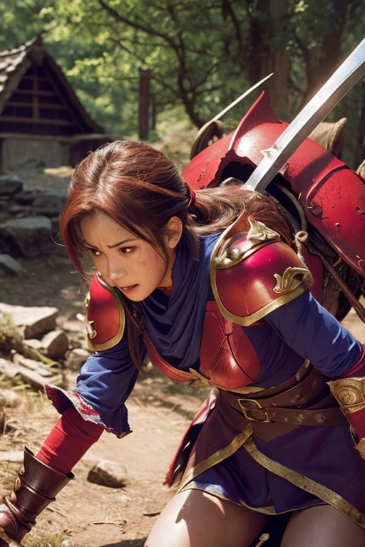 Dragon Quest 3、Woman warrior、Wearing tattered red armor、Glamour、Armor breakage、Wounded、Being ridden by a dragon、Crippling、HP remaining: 1、suffer a further blow