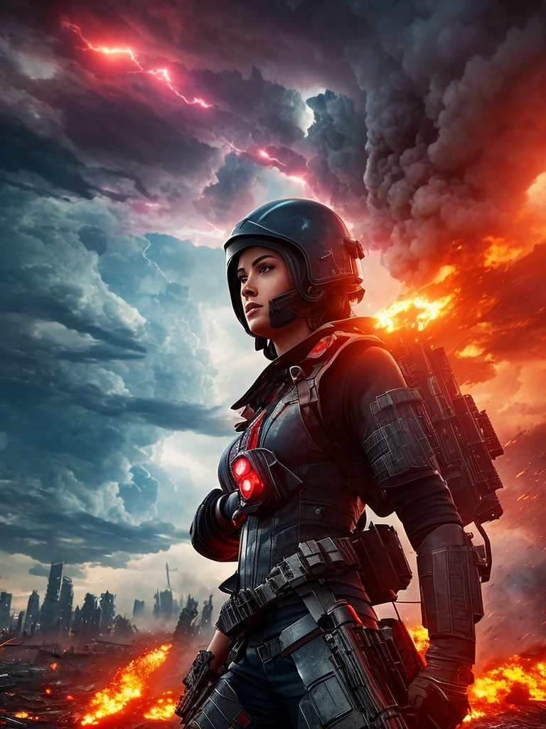 An extreme close-up view of an heavy armed human with smoke launcher on her back , across the view of a devastated metropolis, 3D; bombastic background; heavy thunderstorms; red color splash; dynamic color-field; dynamic action poses; cyclorama effect; ultra realistic, cinematic lighting