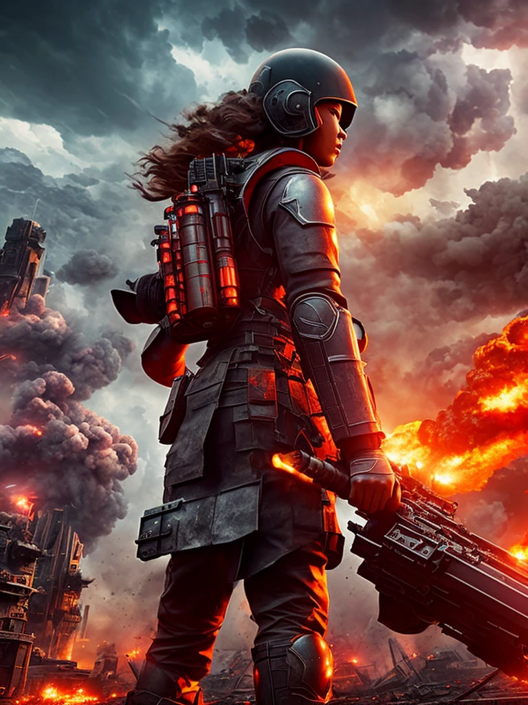 An extreme close-up view of an heavy armed human with smoke launcher on her back , across the view of a devastated metropolis, 3D; bombastic background; heavy thunderstorms; red color splash; dynamic color-field; dynamic action poses; cyclorama effect; ultra realistic, cinematic lighting