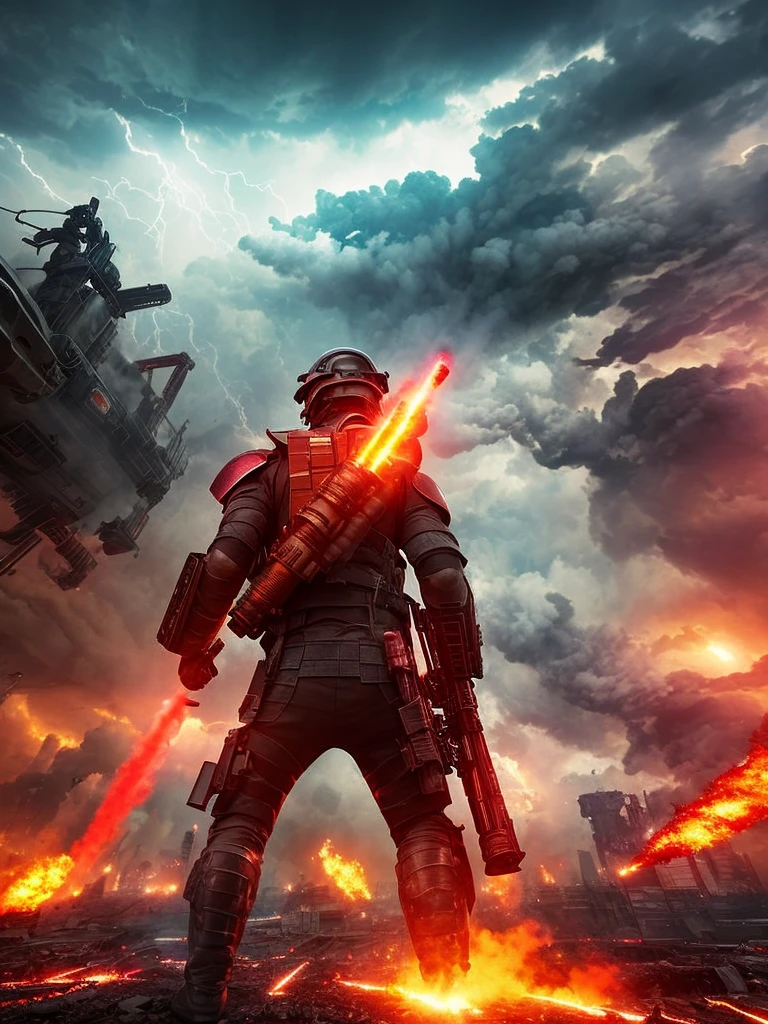 An extreme close-up view of an heavy armed human with smoke launcher on her back , across the view of a devastated metropolis, 3D; bombastic background; heavy thunderstorms; red color splash; dynamic color-field; dynamic action poses; cyclorama effect; ultra realistic, cinematic lighting