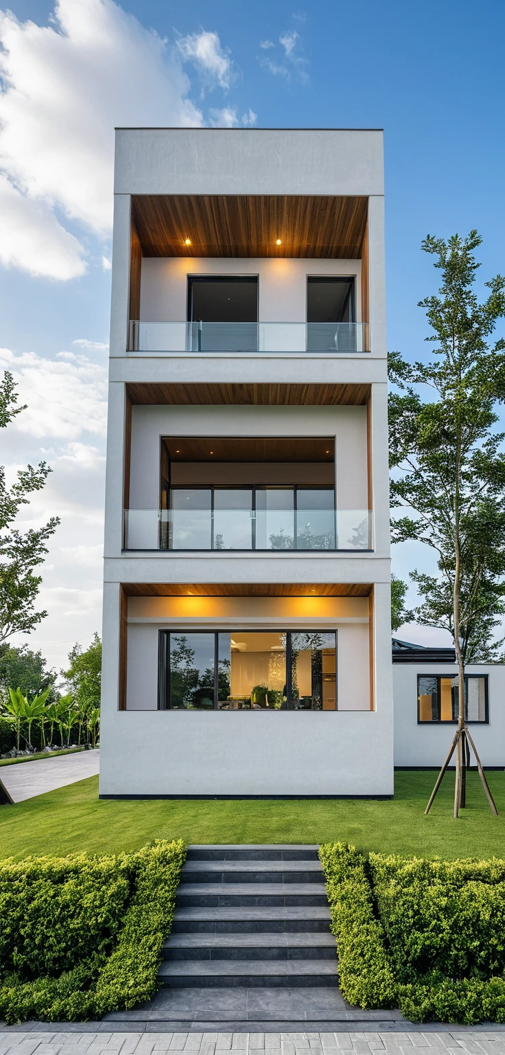 Masterpiece, high quality, best quality, authentic, super detail, outdoors, onestoreyvillaXL, aiaigroup, house style modern on the street ,stairs, white wall ,road,pavement, grass, trees, sky, cloud, (daylight:1.1)
