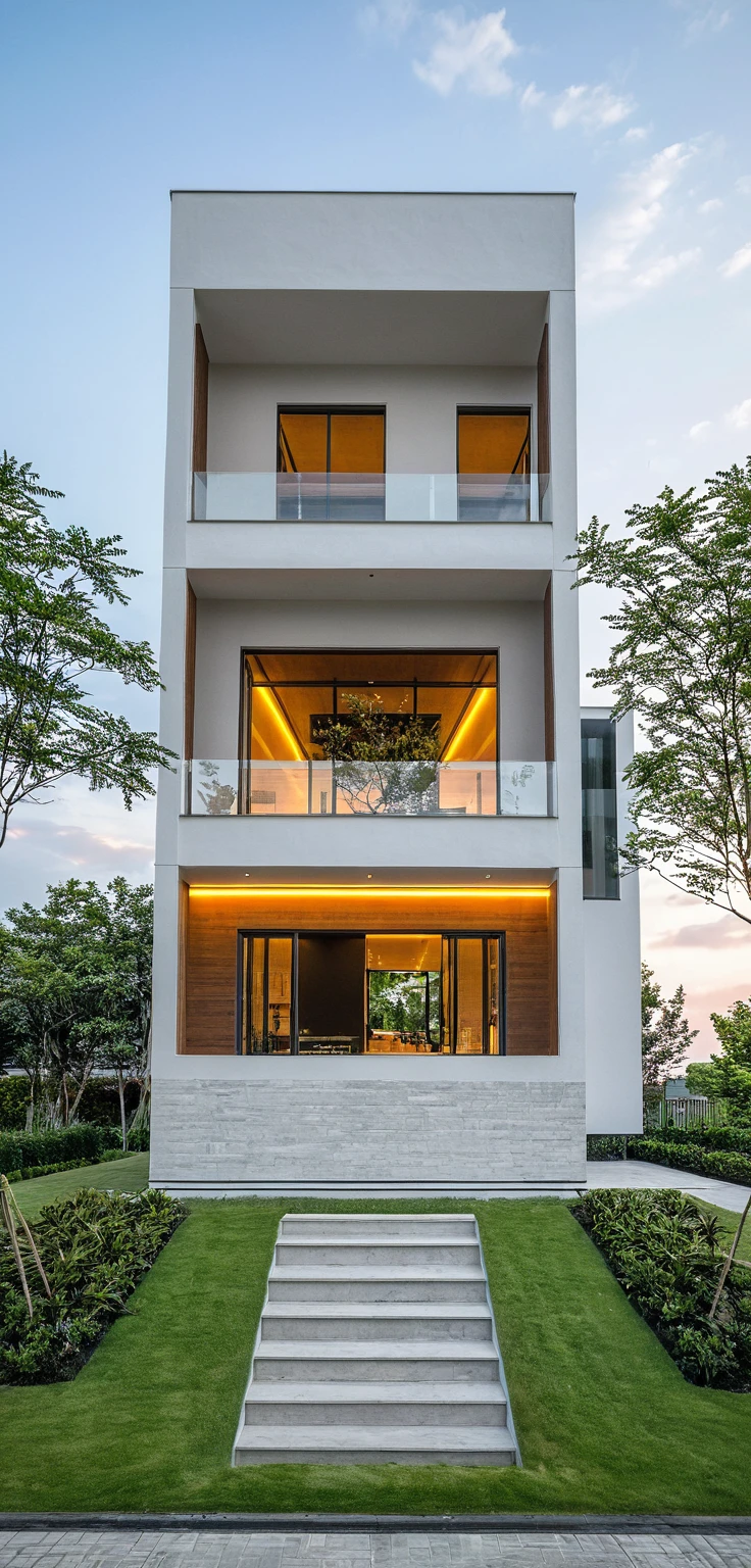 Masterpiece, high quality, best quality, authentic, super detail, outdoors, onestoreyvillaXL, aiaigroup, house style modern on the street ,stairs, white wall ,road,pavement, grass, trees, sky, cloud, (daylight:1.1)
