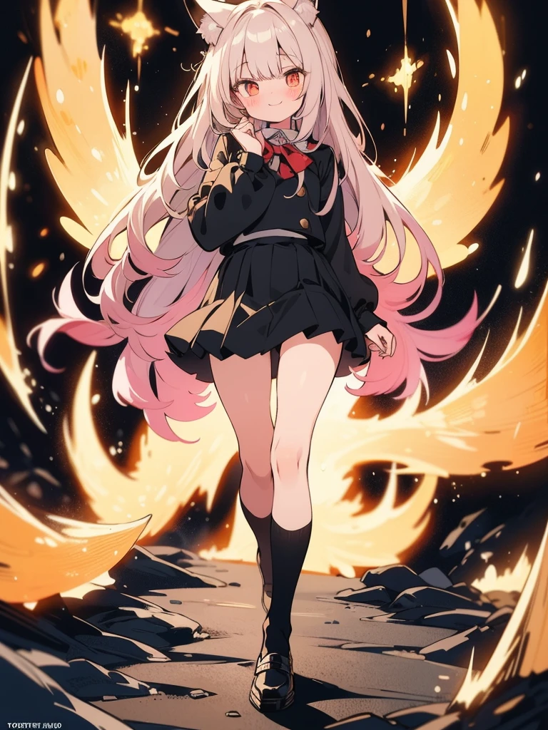 masterpiece, best quality, ultra-detailed, illustration, an extremely delicate and beautiful, 8k,perfect face, Fox girl, playful smile,short skirt, long black socks,full body,student uniform,fluffy tail,blush,thin clothes,mature.
