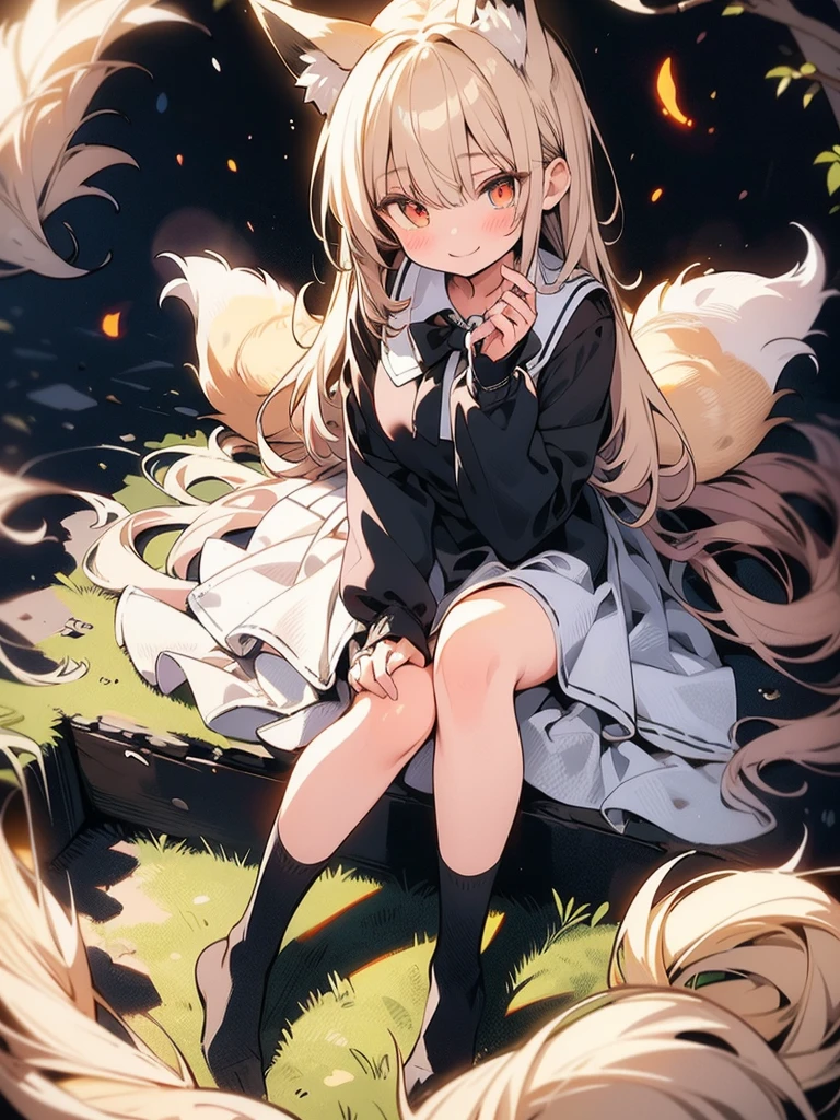 masterpiece, best quality, ultra-detailed, illustration, an extremely delicate and beautiful, 8k,perfect face, Fox girl, playful smile,short skirt, long black socks,full body,student uniform,fluffy tail,blush,thin clothes,mature.