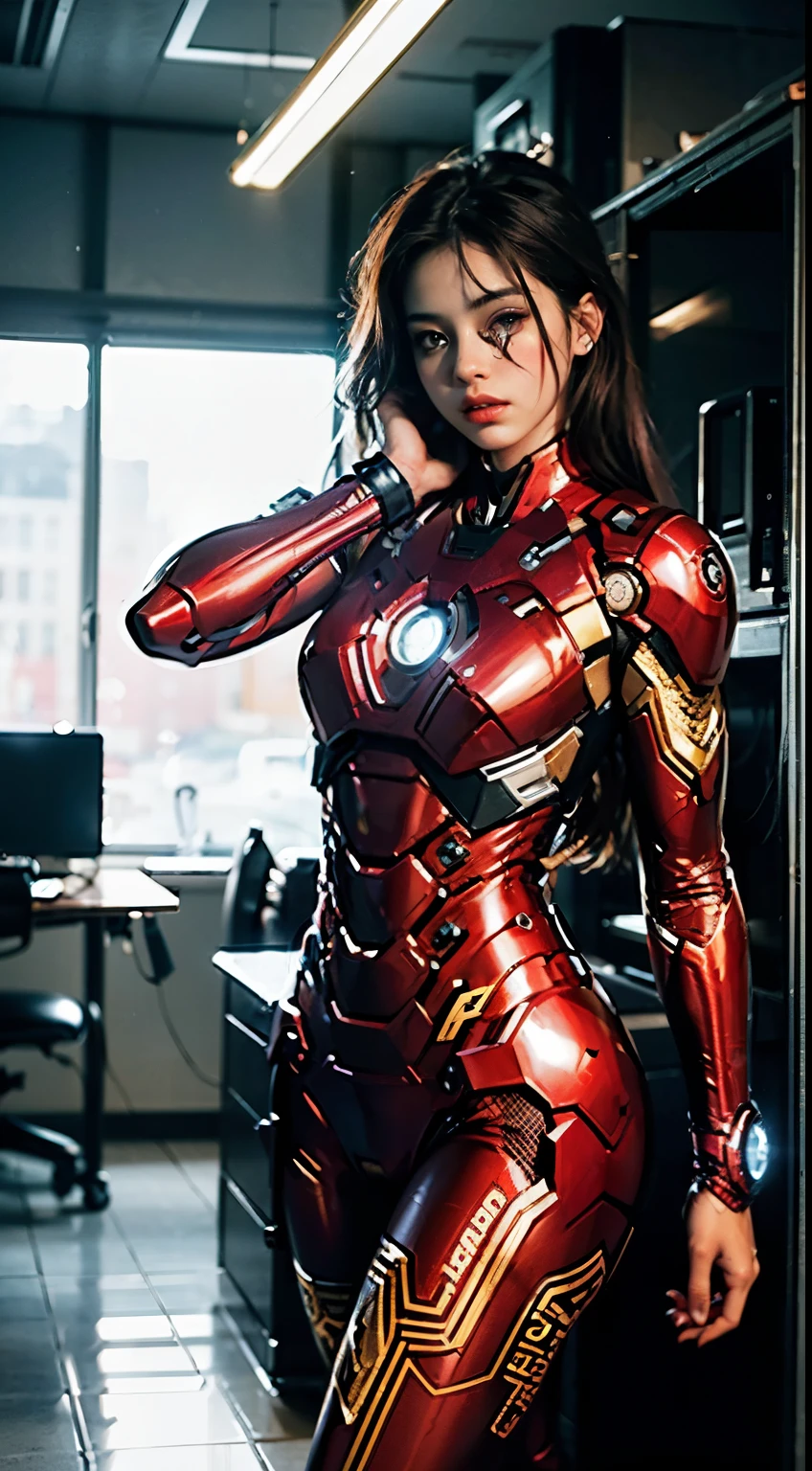 8K, realisti, attractive, muito detalhado, a 20 year old girl a sexy and attractive woman inspired by Iron Man wearing a shiny Iron Man mech. She dresses sexy and confident, perfect interpretation of Iron Man's strength and charisma. In a cyberpunk-style city night scene, a sexy and attractive woman takes Iron Man's Cosplay als Thema. Wears a shiny Iron Man mech, she stands in a street with tall buildings. The city's night lights are bright, think about their mecha, give a feel for future technology. The surrounding buildings and streets are full of cyberpunk elements, like neon lights, High-tech devices and futuristic architectural designs. The whole scene is full of futuristic and science fiction atmosphere. This high-resolution, High quality image brings you stunning visual enjoyment, a perfect combination of sexy, futuristic and science fiction elements. OC-Rendering, dramatic lighing, price winning quality