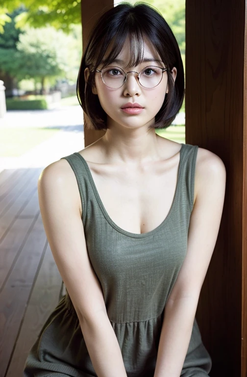 ((8K)、top-quality、​masterpiece、超A high resolution:1.2)Photo Beautiful Japan woman(pleasing:1.1) Elegance、Dynamic Pose 、Glasses 、There is a good、Transparent atmosphere、Beautiful face、Gradient lighting、1girl in、Delicate skin、Brown-eyed、(short hair with bangs:1.2)、(breasts are large:1.0)、(medium areola:0.8)、(realisitic:1.4)、(top-quality:1.0)、(超A high resolution:1.0)、8K、Raw photography、(​masterpiece:0.2)、(pureerosface_v1:0.5)、Tank top dress、Tight、brown、Round Neck、Linen and cotton、Salopette、Thin shoulder straps、barechested、cotton clothes、no sleeves、Sleeveless、want me、Take your eyes off、Harajuku、Omotesando、Stylish cityscape、Street Trees、The morning sun is dazzling、subject、Lean、Look here、Ass big、a large bust、Kinda chubby、Bangs shed to the side、big butts、neat and well-groomed hairstyle、Bring your chest together、Feelouth slightly open、Brown clothes、Angle from the side、a necklace、crouching down、Squat down to look here、Ass big、Futomo、Lying on your back