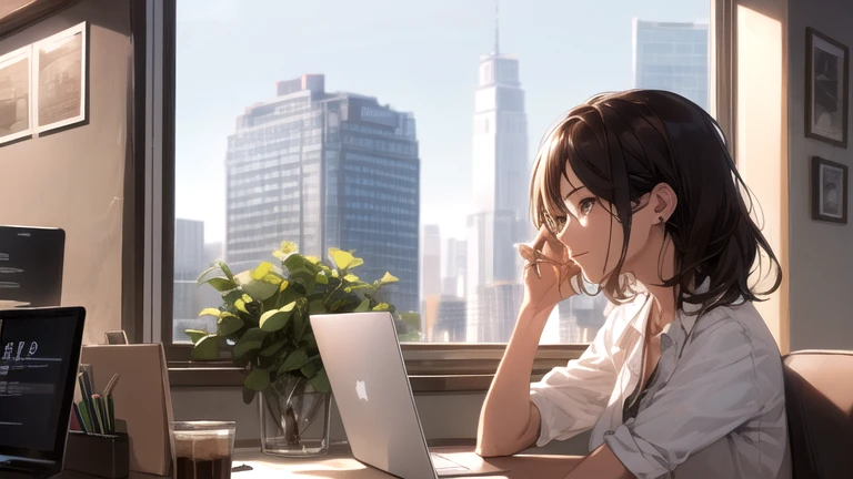 One girl, Mature Woman, Best, Highest quality, employment, Detailed face, Coffee shop, Large windows,relax,laptop,coffee,Wireless Earphones,Building seen from the window, Detailed Background, It's raining outside, Depth of written boundary, Bokeh