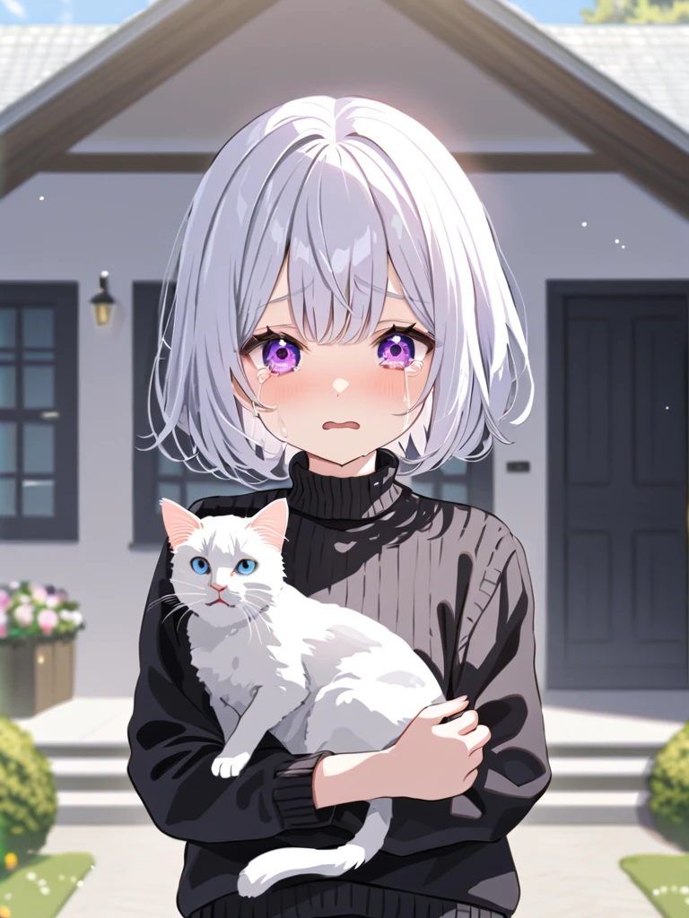 Crying, standing in front of the house, white hair, purple eyes, black sweater, black mini skirt, white cat