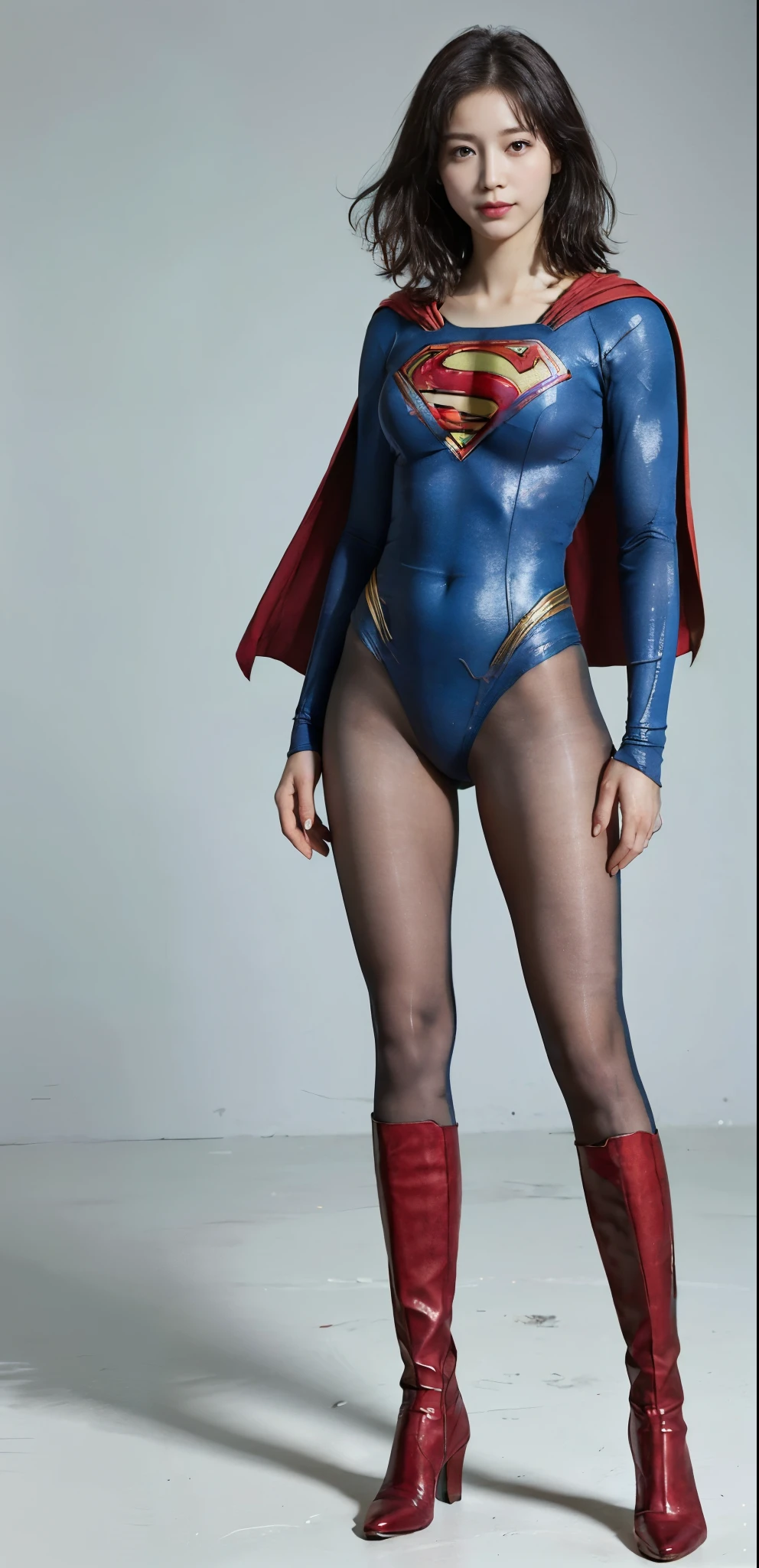 No background、(((Beautiful legs in black tights.)))、(((Legally express the beauty of your smile)))、((((Make the most of your original images)))、(((Supergirl Costume)))、(((Beautiful very short hair)))、(((suffering)))、(((Please wear black tights....、Wear red boots)))、((Best image quality、8K))、((Highest quality、8K、masterpiece:1.3))、(((Preserve background )))、Sharp focus:1.2、Beautiful woman with perfect figure:1.4、Slim Abs:1.2、Wet body:1.5、Highly detailed face and skin texture、8K