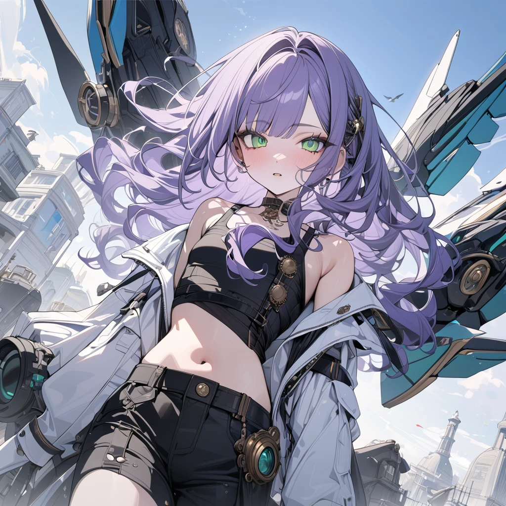 (exceptional, best aesthetic, new, newest, best quality, extremely detailed, :1.2),8k, white theme, blue theme,
a girl is wearing A suit with mechanical wings, with pale-purple hair, a dynamic angle from front, wavy hair blowing in the wind, blunt bangs hair, black and green eyes, A black tank top,Steampunk goggles, wristbands,flat chest,big mecha wing,She is flying over the sky,