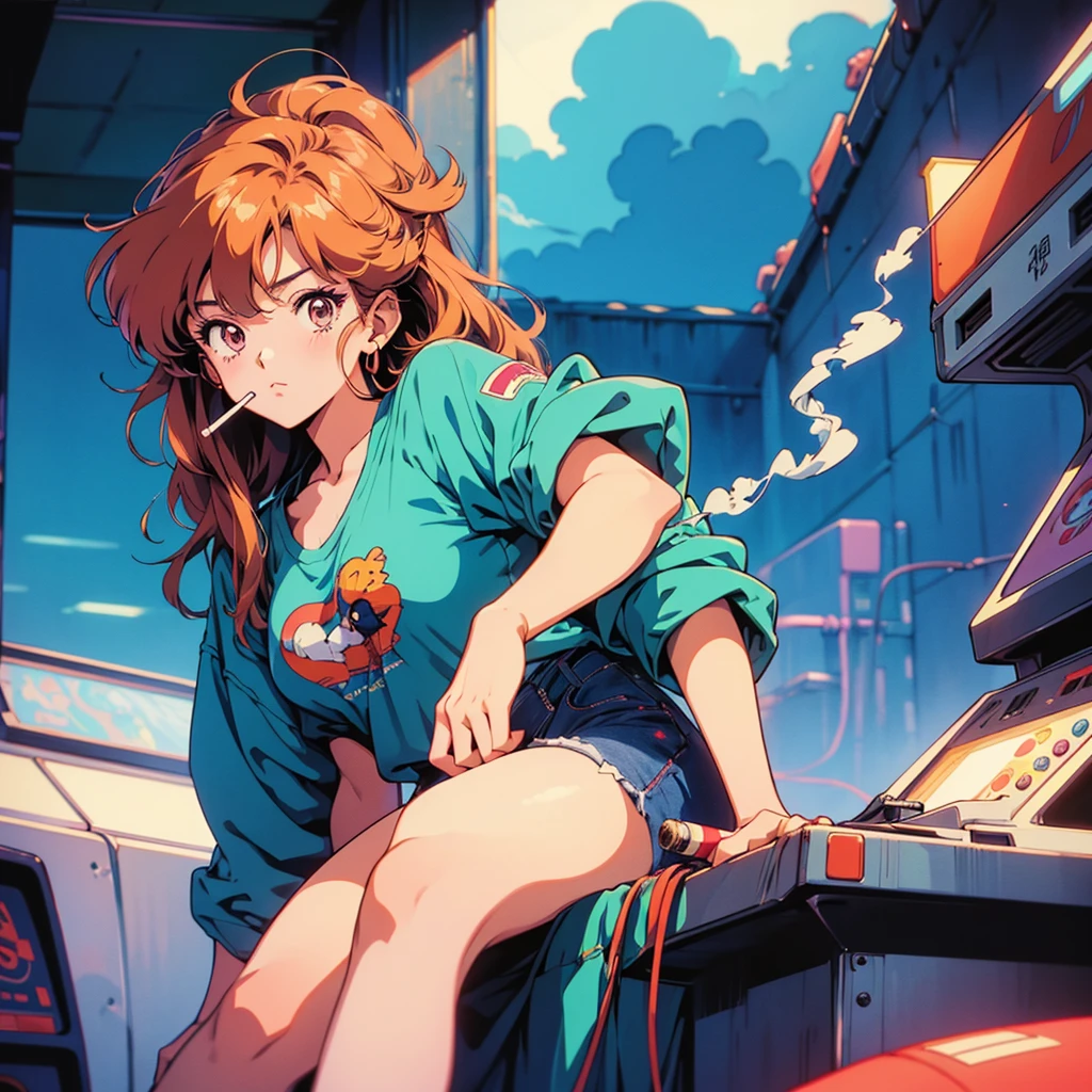 Retro arcade anime girl, 80年代のAnime atmosphere, 80s anime style, Retro Anime Girls, 1980's anime style, Retro anime images, Anime atmosphere, Playing games, smoking a cigarette, smoking