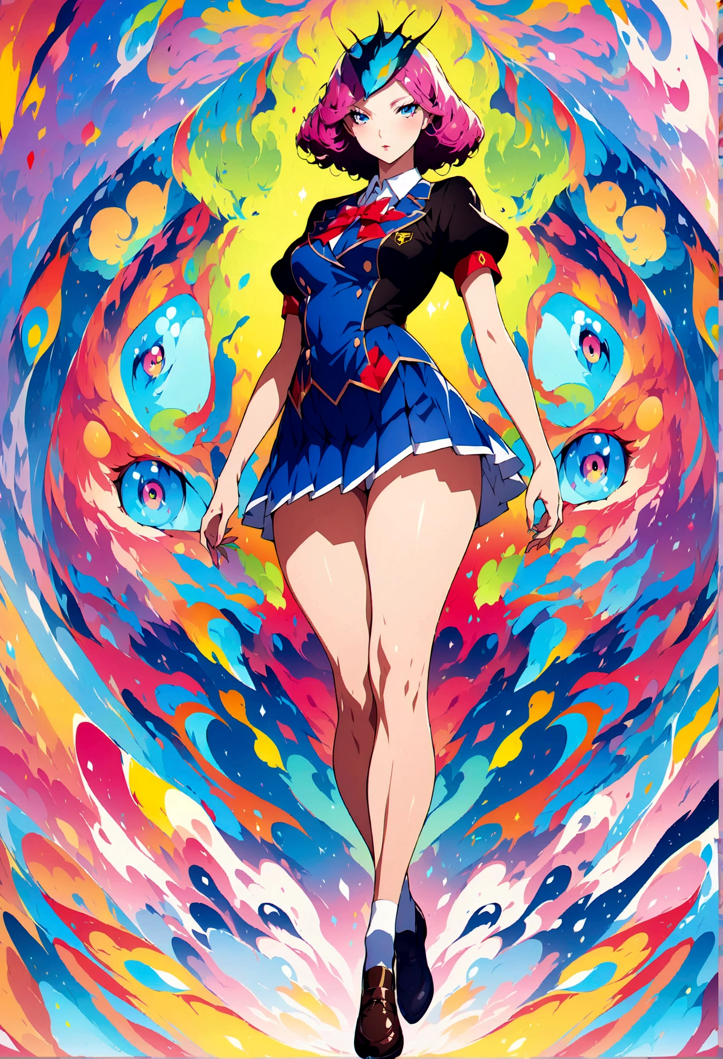 High resolution, high quality illustrations. Colorful illustration, highly detailed, full body portrait, anime character design, sharp focus, masterpiece, high resolution, surreal, female (super beautiful, super beautiful legs, beautiful thighs, high school girl, wearing a neat uniform) .