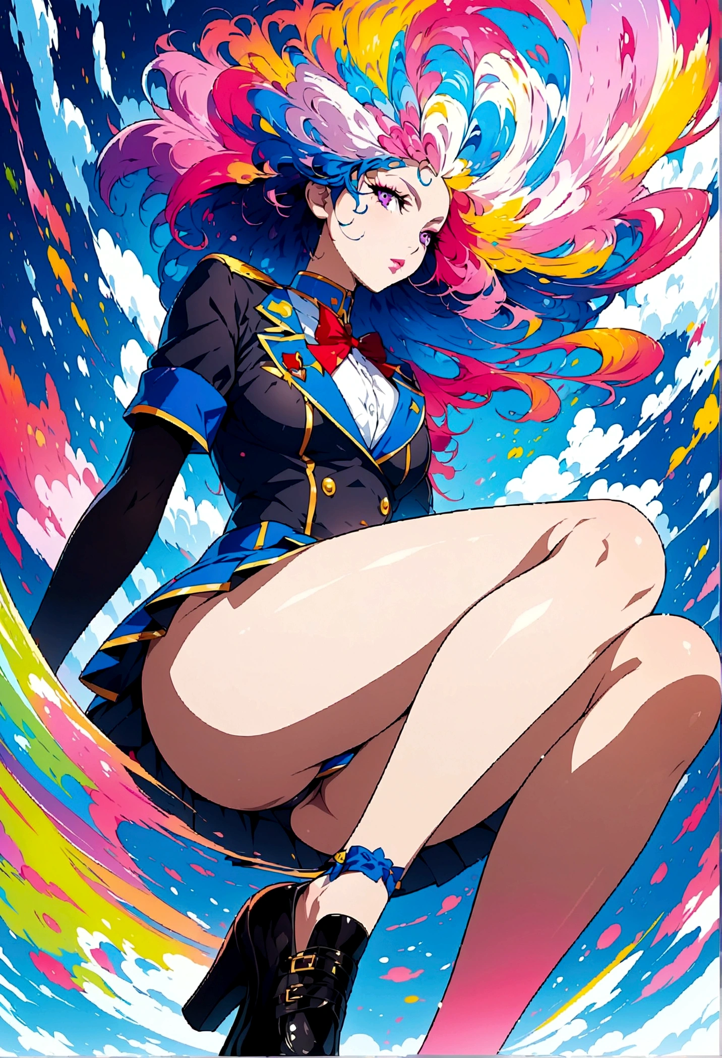 High resolution, high quality illustrations. Colorful illustration, highly detailed, full body portrait, anime character design, sharp focus, masterpiece, high resolution, surreal, female (super beautiful, super beautiful legs, beautiful thighs, high school girl, wearing a neat uniform) .