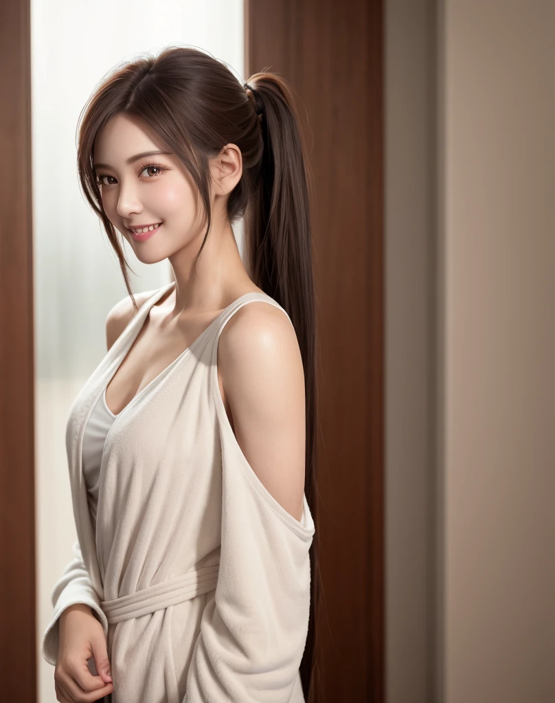 (Best Quality), (masutepiece), (High resolution), (Intricate details:0.2),(Professional Lighting), dressing gown, Detailed background,off shoulders, (Previous view), 1girl in, Solo, (Beautiful face),  Slim body, Fine skin, Smile, brown hair in a ponytail, Beautiful eyes,  look at at viewer,