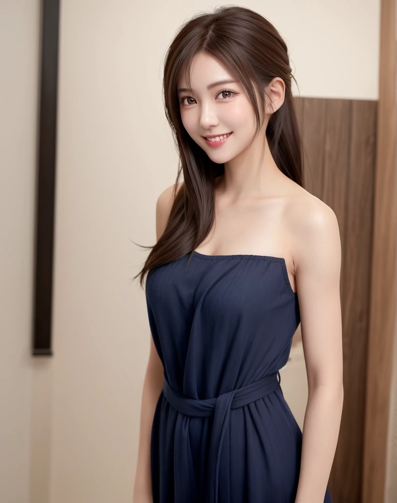 (Best Quality), (masutepiece), (High resolution), (Intricate details:0.2),(Professional Lighting), dressing gown, Detailed background,off shoulders, (Previous view), 1girl in, Solo, (Beautiful face),  Slim body, Fine skin, Smile, brown hair in a ponytail, Beautiful eyes,  look at at viewer,