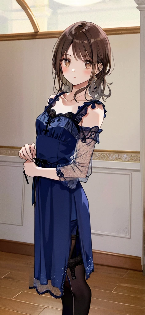 ((masterpiece)), ((best quality)), ((ultra detailed)), ((kawaii)), cute, (lovely), ((extremely detailed)), ((8K)), (beautiful), full body, luxury room, a cute girl, 1girl, solo, blue mini camisole dress,beautiful light brown hair, ((detailed beautiful brown eyes)), white-skinned, long hair, flat breast, tiny breast, garter belt,standing,(nfsw:1.4)