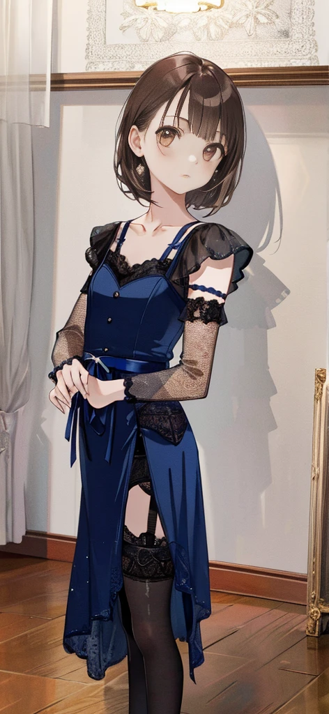 ((masterpiece)), ((best quality)), ((ultra detailed)), ((kawaii)), cute, (lovely), ((extremely detailed)), ((8K)), (beautiful), full body, luxury room, a cute girl, 1girl, solo, blue mini camisole dress,beautiful darkbrown hair, ((detailed beautiful brown eyes)), white-skinned, flat breast, tiny breast, garter belt,(garter stockings:1.4),pink eyeshadow,(standing:1.4),full body