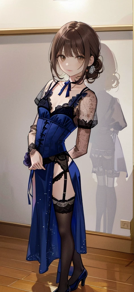 ((masterpiece)), ((best quality)), ((ultra detailed)), ((kawaii)), cute, (lovely), ((extremely detailed)), ((8K)), (beautiful), full body, luxury room, a cute girl, 1girl, solo, blue mini camisole dress,beautiful darkbrown hair, ((detailed beautiful brown eyes)), white-skinned, flat , tiny breaster belt,(garter stockings:1.4),pink eyeshadow,(standing:1.4),full body