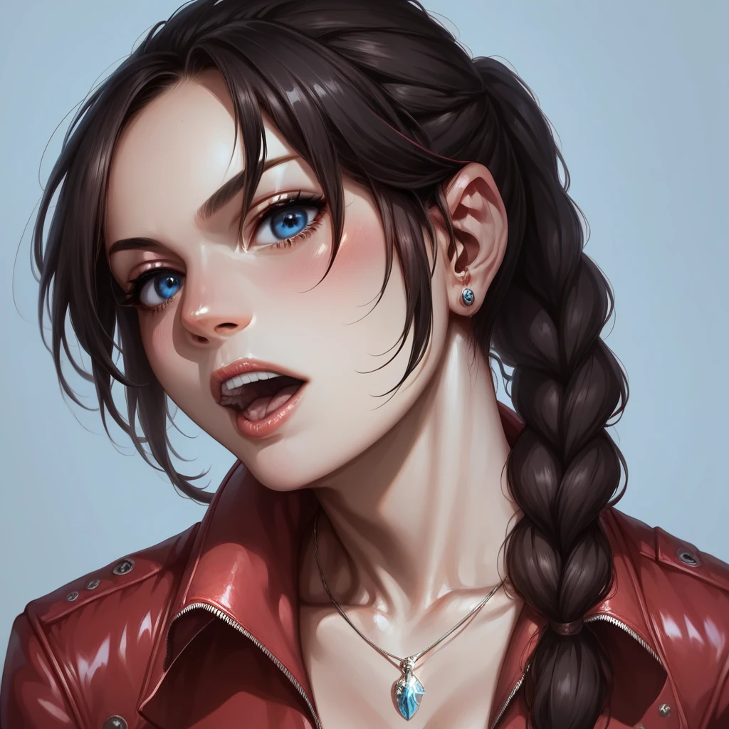 score_9, score_8_up, score_7_up, Claire redfield,  jewelry, black hair, blue eyes, red jacket, jacket, necklace, long hair, braid, realistic, upper body, looking at viewer, detailed mouth, mesmerizing mouth, high definition mouth, focus on face, best quality, detailed, absurd resolution, absurd detail, intricate details, vibrant colors, ultra-realistic, open mouth,