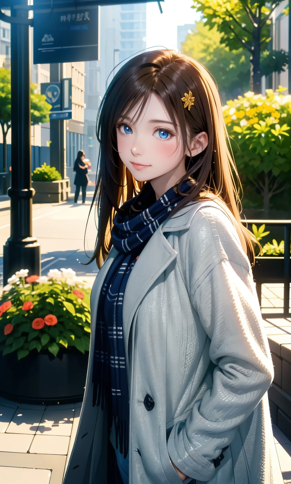 (​masterpiece),(top-quality:1.2),1girl in,(masuter piece:1.3),exquisitedetails, Highest quality 8K resolution, Ultra-detailed, Realistic, Vibrant colors, Soft tones, With warm and gentle lighting,(Beautiful plaid scarf:1.3)(Brown long coat:1.2) early evening,Big sunset,(Smooth straight blonde hair:1.2),(Hair parted in the middle:1.3),(Glowing hair),(Dark blue eyes:1.3),White skin, hair clips,wrist watch,Overflowing soft and gentle feelings,(The promenade is full of flowers),rays of sunshine,Warm golden glow,happiness and laughter,Sticking to ultra-detailed depictions and vivid colors. A style that combines romanticism and realism、depth of love,color palettes,and the lighting is soft and diffused, Shine a gentle light on your face,The artwork is a masterpiece,