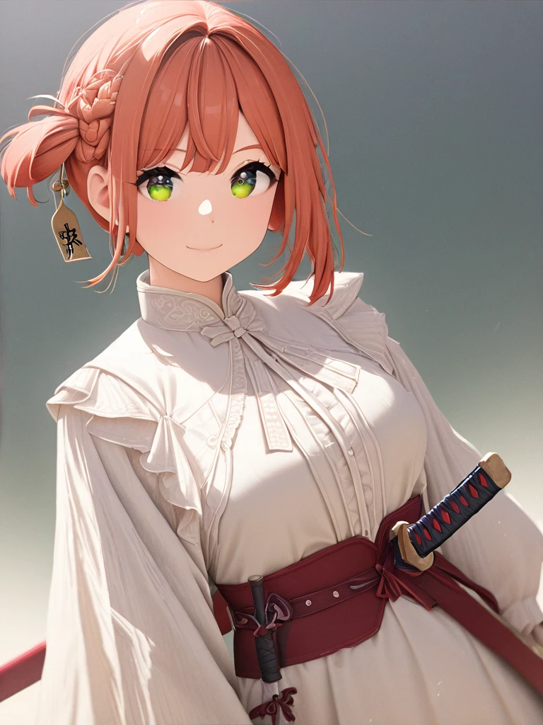 A white short-sleeved dress with a round collar and buttons in the front、White Skirt、Black ribbon around neck、Navy blue leather belt around the waist、Fiery red short hair、Brown Eyes、Narrow, sharp eyes、Sickly pale skin、Slim body、Big Breasts、anime、High precision、High resolution、in the forest、sword training