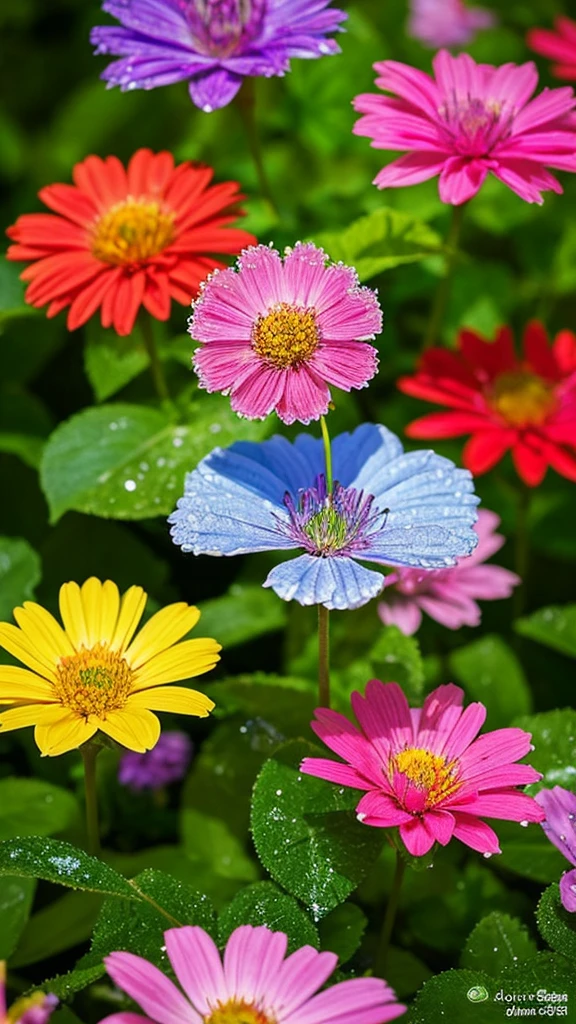 Imagine a vivid close-up, Unusual flowers, The petals spread out in vibrant colors like a kaleidoscope. Dewdrops on the surface reflect the surrounding environment, Make something small, The world reflected in each drop of water. The flowers stand out against a lush, blurry background, Tropical Garden. The scene is brought to life in a vibrant and dynamic digital art style., Inspired by the artistic vision of Luca Martel.