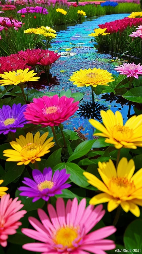 Imagine a vivid close-up, Unusual flowers, The petals spread out in vibrant colors like a kaleidoscope. Dewdrops on the surface reflect the surrounding environment, Make something small, The world reflected in each drop of water. The flowers stand out against a lush, blurry background, Tropical Garden. The scene is brought to life in a vibrant and dynamic digital art style., Inspired by the artistic vision of Luca Martel.