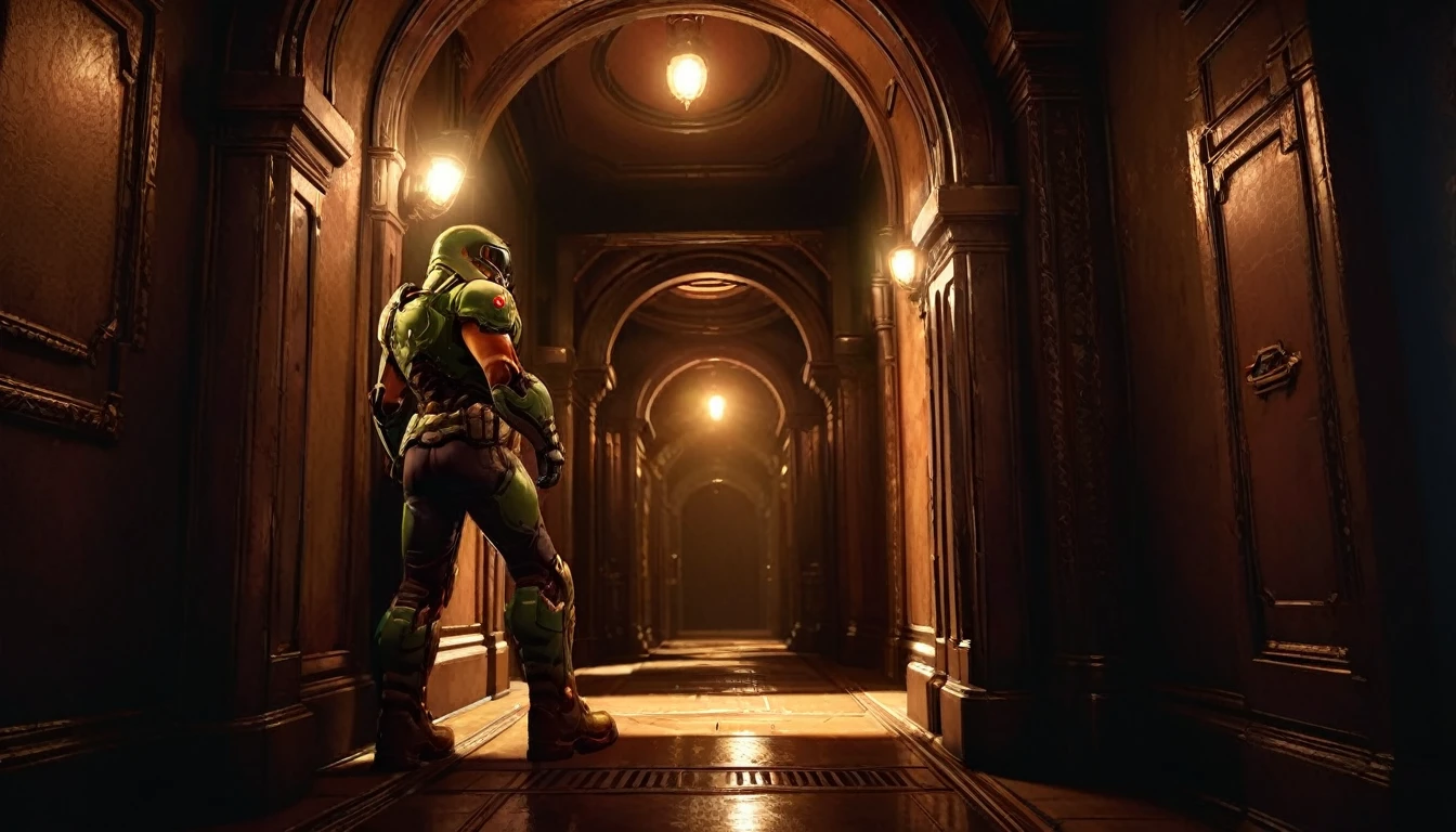 a doom guy walking through a dimly lit corridor, a single light illuminating every 5 meters, a brightly lit portal at the end of the corridor, realistic corridor, realistic lighting, doom game art style, intricate details, cinematic lighting, chiaroscuro, moody atmosphere, dramatic shadows, highly detailed, cinematic composition, hyperrealistic, 8k, photorealistic, masterpiece, dark corridor, backside view.