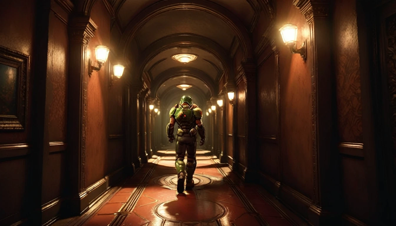 a doom guy walking through a dimly lit corridor, a single light illuminating every 5 meters, a brightly lit portal at the end of the corridor, realistic corridor, realistic lighting, doom game art style, intricate details, cinematic lighting, chiaroscuro, moody atmosphere, dramatic shadows, highly detailed, cinematic composition, hyperrealistic, 8k, photorealistic, masterpiece, dark corridor, backside view.