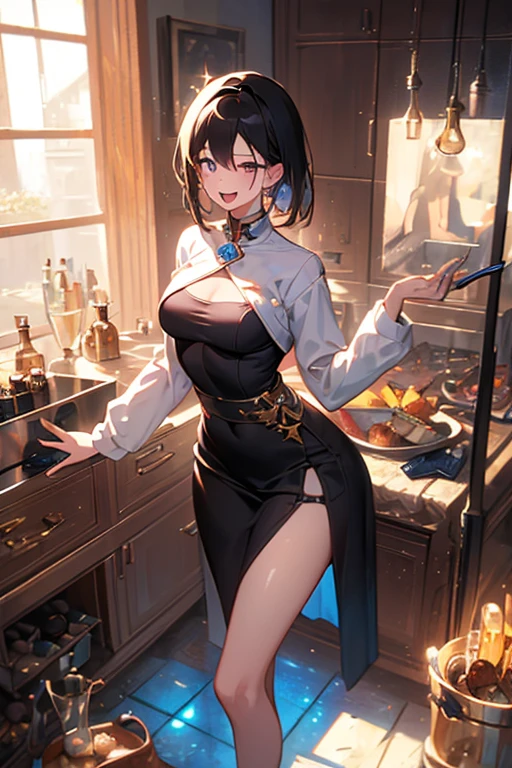 (small breasts:1.3), (perky chest:1.1), (pointed chest:1.0), (fashion magazine cover:1.3),(from below:1.0),(from side:0.9),masterpiece, 1girl, Amazing Cleavage:1.1, thin waist, big ass, Raised sexy, small breast: 1.3, posed cleavage:1.2、solo, looking at viewer, open mouth, have a cute grass of cute beergrass,black hair, dark green eyes, dress, bare shoulders, jewelry, collarbone, sidelocks, hairband, earrings, indoors, off shoulder, :o, sweater, arms behind back, plant, short hair with long locks, gild hairband, off-shoulder dress, sweater dress, off-shoulder sweater, red sweater, dark gord hair, big side hair, very long side hair,is rendered in (masterpiece: 1.2, best quality), with (ultra high resolution) and an exquisite (depth of field). This masterpiece is not only visually stunning but also tells,A scene of cooking in the kitchen by classroom