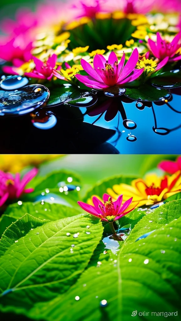 Imagine a vivid close-up, Unusual flowers, The petals spread out in vibrant colors like a kaleidoscope. Dewdrops on the surface reflect the surrounding environment, Make something small, The world reflected in each drop of water. The flowers stand out against a lush, blurry background, Tropical Garden. The scene is brought to life in a vibrant and dynamic digital art style., Inspired by the artistic vision of Luca Martel.
