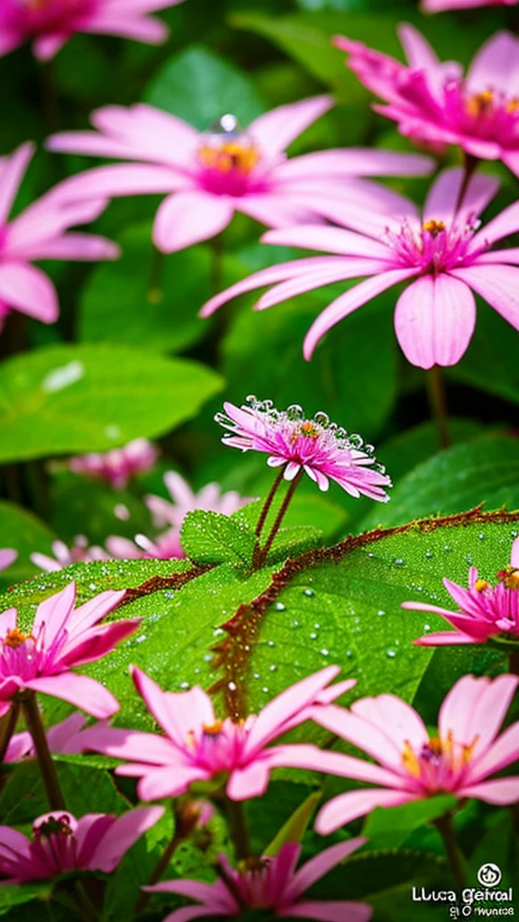Imagine a vivid close-up, Unusual flowers, The petals spread out in vibrant colors like a kaleidoscope. Dewdrops on the surface reflect the surrounding environment, Make something small, The world reflected in each drop of water. The flowers stand out against a lush, blurry background, Tropical Garden. The scene is brought to life in a vibrant and dynamic digital art style., Inspired by the artistic vision of Luca Martel.