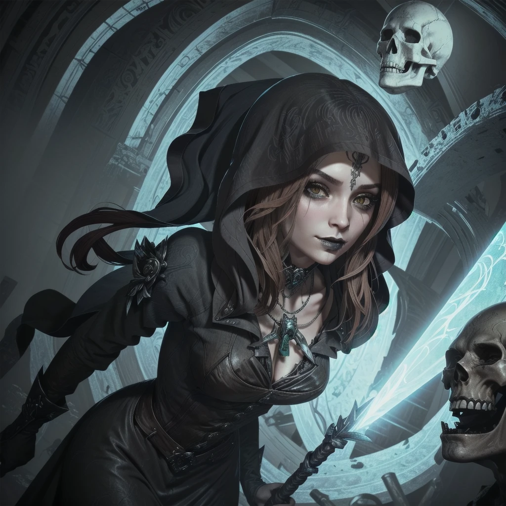 necromancer girl with a staff, a flying skull nearby