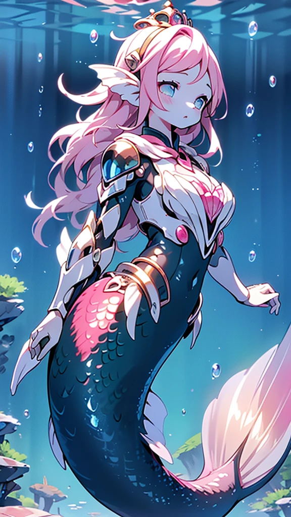 Mermaid，Mermaid，Mermaid女孩，Mermaid尾巴，Bodysuit style，Scale style，Underwater background，Underwater background，Seabed background，Coral shells background，Background in sea water，pink的鳞片，pink色调，fin，身上长着fin，Girl with fish tail，pink，pink鳞片，cute，cute，cute，crown，Armor，Armor，pink，pink鳞片，Close-up above the waist镜头，cute，beauty，Close-up above the waist镜头，Close-up above the waist，Upper body close-up，Giant fish tail，Big breasts，Big breasts