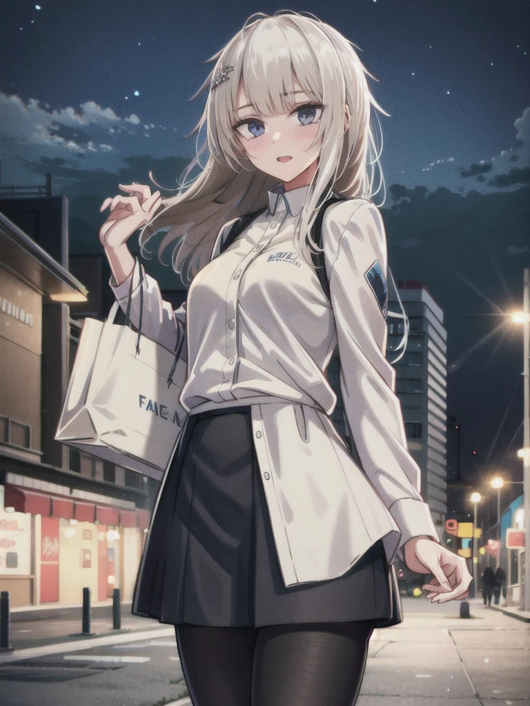 1girl, solo, female, ak-74m, white shirt, standing,cowboy shot's, blue skirt, outdoor, night, 4k, bokeh, pantyhose, carying a bag, mature woman, a date, 