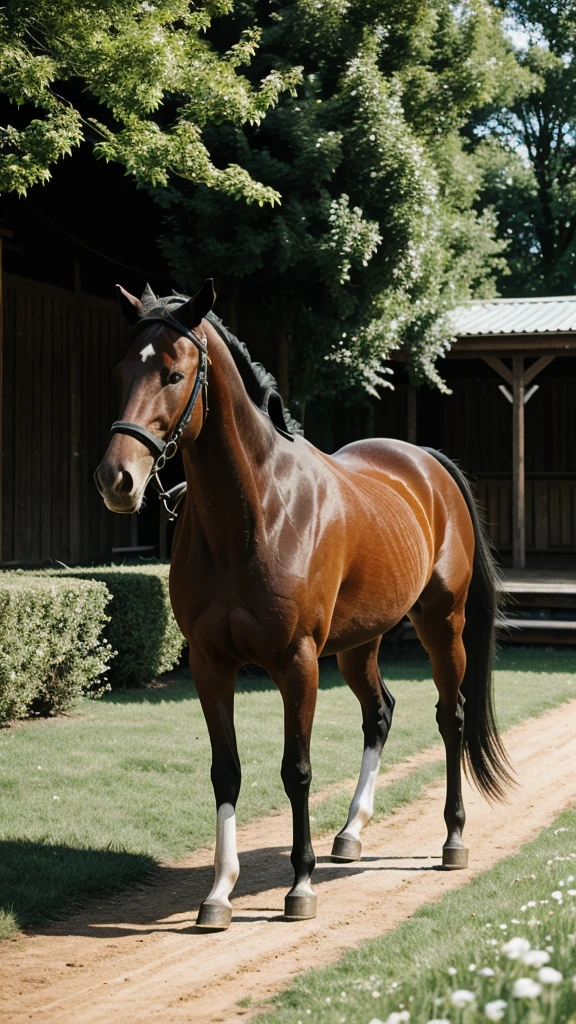 The blind horse following the sound of the bell worn by the other horse, navigating the paddock together in harmony."