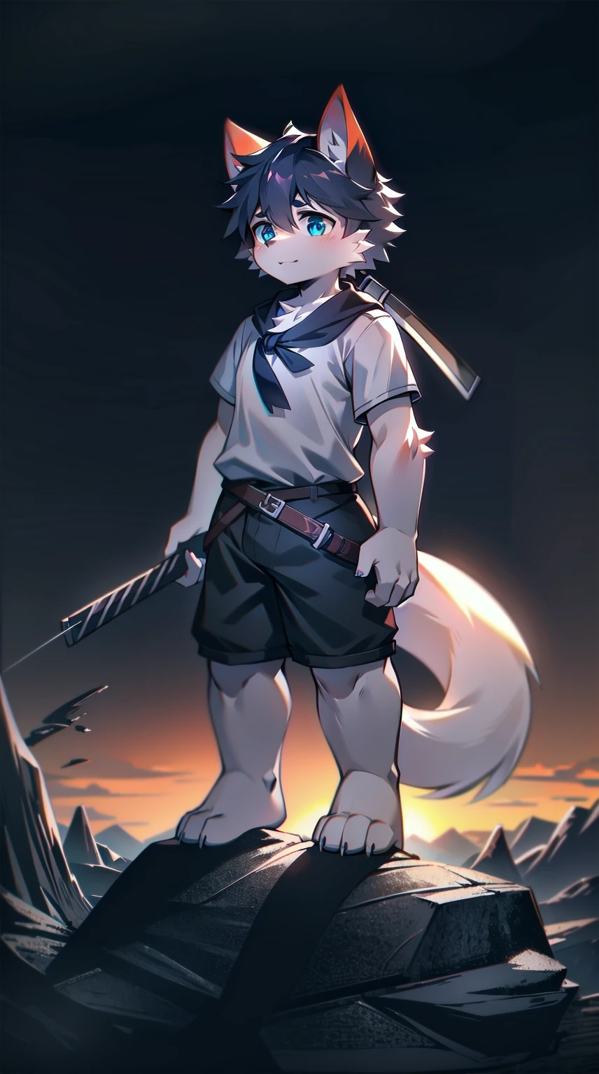 White Wolf，black hair，Sky blue eyes，hairy，Wolf ears，Wolf tail，Full body portrait，The character is in the center of the frame，Handsome，Confident eye***but，juvenile，Black and white combat uniform，Red neck bib，Black shorts，Short sleeve，hairy arms and legs，Dark background，Dark battlefield，dawn，sunrise，dawn，illumination，shadow，Swordsman，Scabbard and Hold the hilt of a in your hand，The scabbard is at the waist，Highest quality
