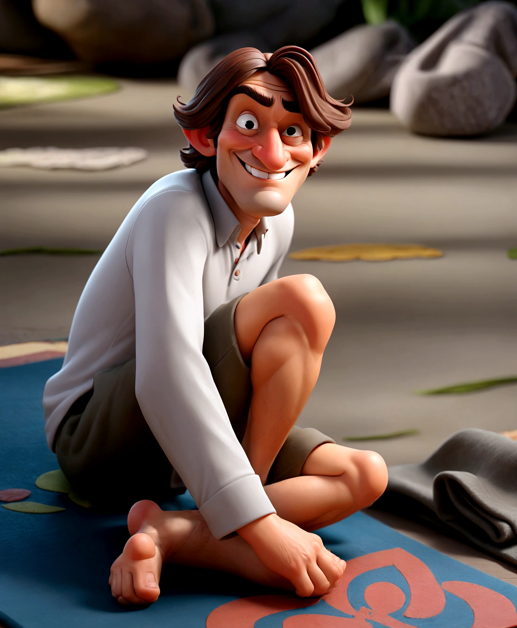 Realistic 3D caricature. A man with shoulder length hair with a thin smile wearing a long gray shirt with shorts is sitting on a mat in his right hand while holding his toes. Photo with very good detail