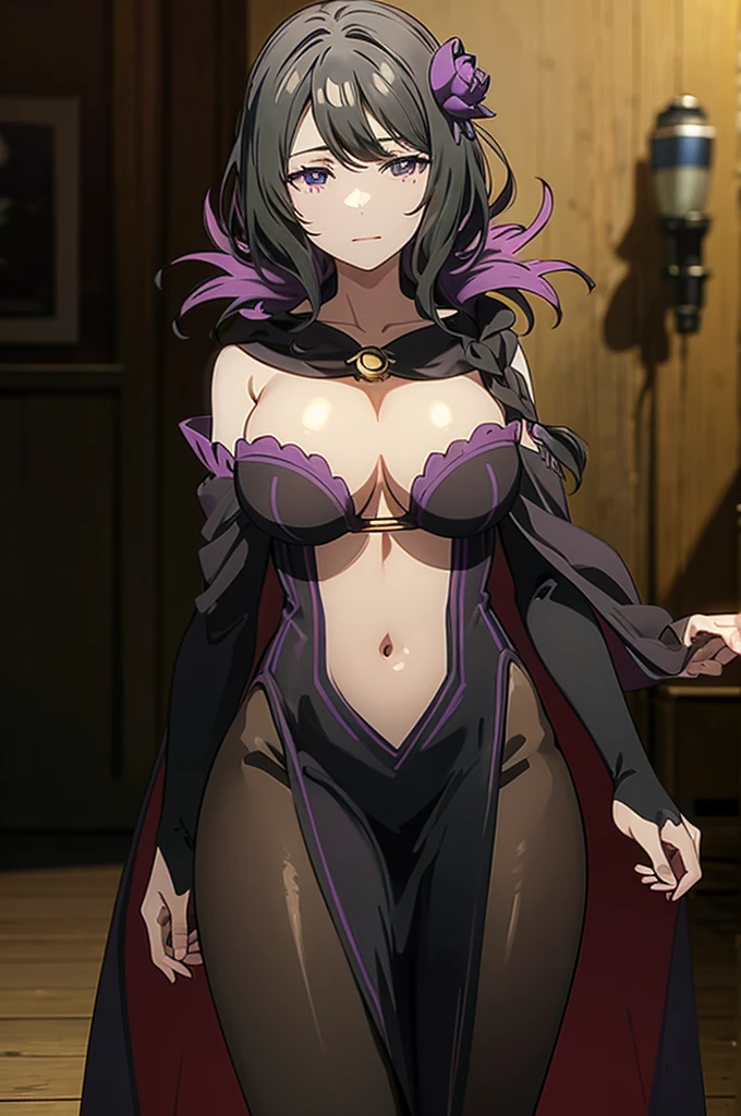 masterpiece, best quality, high resolution, best illustration, super fine illustration, (official art:0.7), (anime screencap:0.8), anime keyvisual, BREAK perfect anatomy, 8k portrait,
1girl, insanely detailed,
elsa,
elsa \(re:zero\),
medium hair,
black hair,
(purple eyes:1.2), (beatiful detailed eyes:1.5),
flower hair ornament,
(large breasts:0.8),
black dress, black cape, detached black sleeves, black tights, cold Shoulder, breasts out,
looking at viewer,
cowboy shot,
natural light, background of indoor,