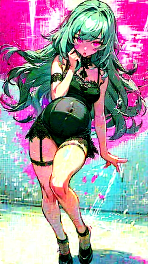 Beautiful girl standing over viewer, looking down at viewer, disgusted look on face, dominant girl, detailed maid outfit, long thick hair, silver hair, crimson eyes, tight panties, pink panties, paw camel, black lace camisole, black lace garter, full body photo, bottom view, detailed background, perfect face, perfect body, masterpiece, pregnant, ---(chaos)---,