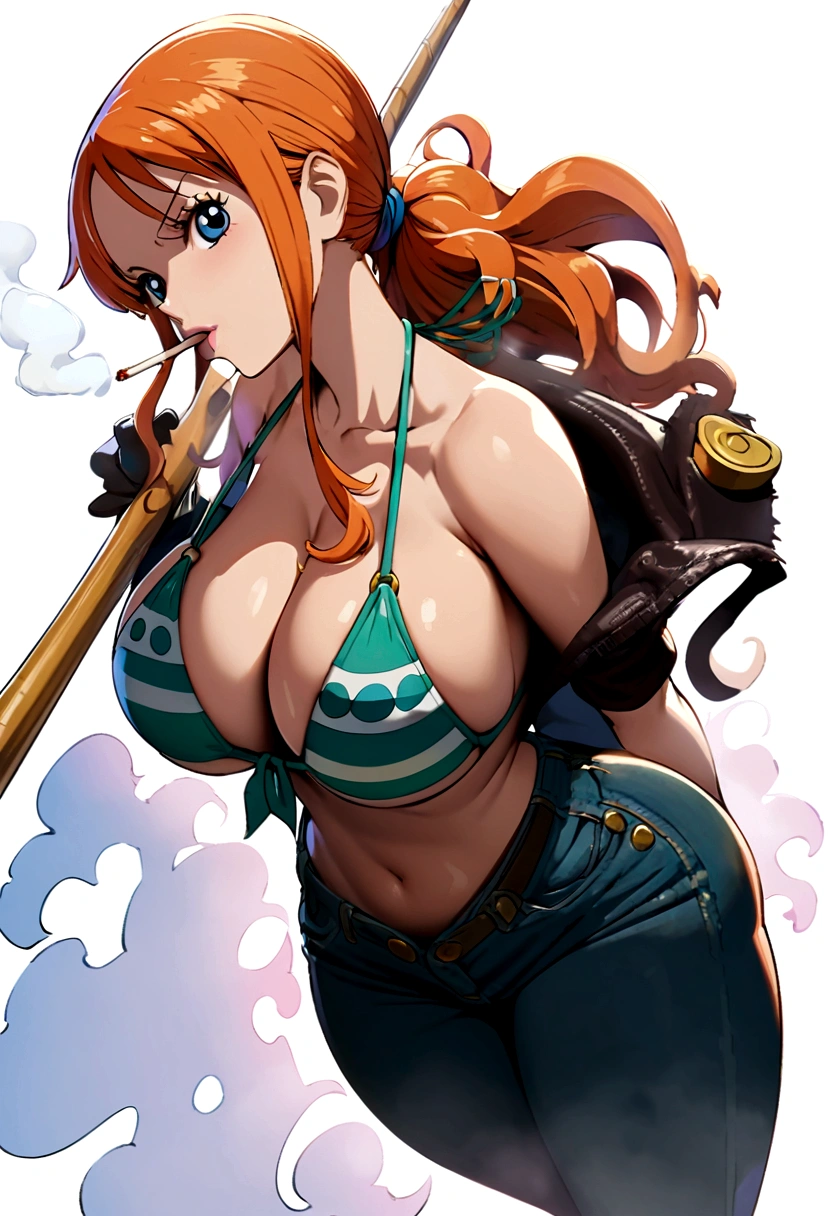 a cartoon picture of a woman in a bikini top and jeans, nami one piece, nami from one piece, nami, beautiful portrait of nami, from one piece, oppai, blue eyes, smoking, ponytail