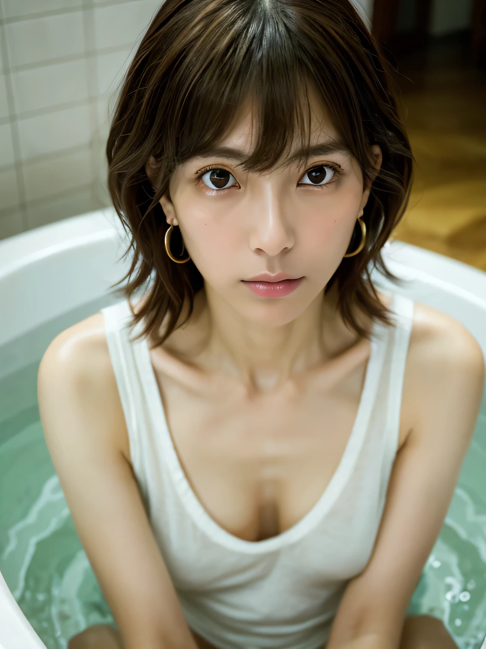 Look into the eyes, Eye contact, Front of face, face, Cross-legged, indoor, Brown Hair, bangs, Tank top, Sweat, clavicle, shoulder, Cross-legged, chest, Earrings, Skin Moisture, The gaze looking down on me, Look at me, Private room, Bathtub