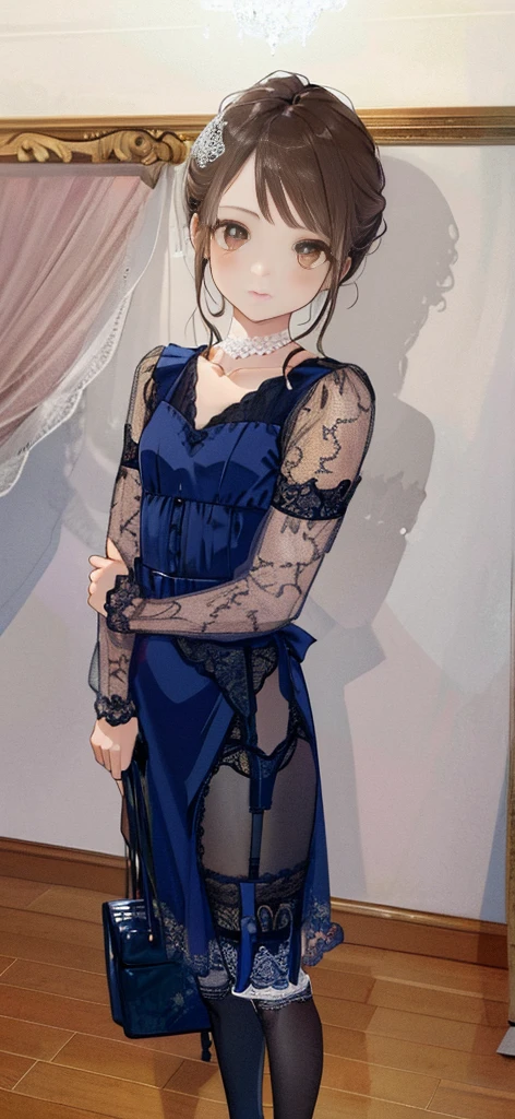 ((masterpiece)), ((best quality)), ((ultra detailed)), ((kawaii)), cute, (lovely), ((extremely detailed)), ((8K)), (beautiful), full body, luxury room, a cute girl, 1girl, solo, blue mini camisole dress,beautiful darkbrown hair, ((detailed beautiful brown eyes)), white-skinned, flat breast, tiny breast, garter belt,(garter stockings:1.4),pink eyeshadow,(standing:1.4),full body